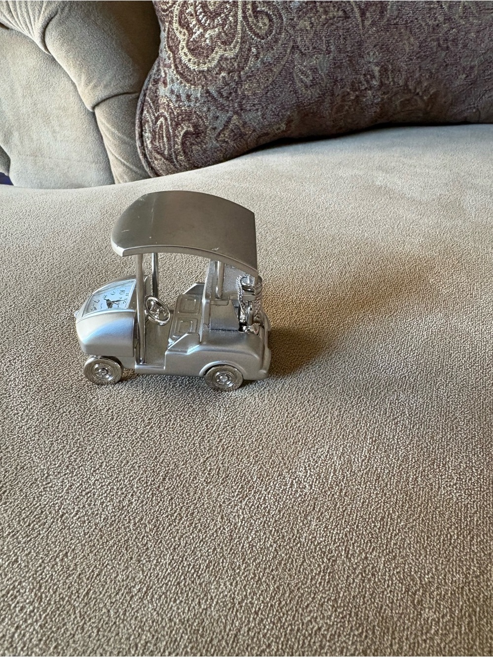 Silver Golf Cart Desk Clock Figurine - Decorative Home Office Accent